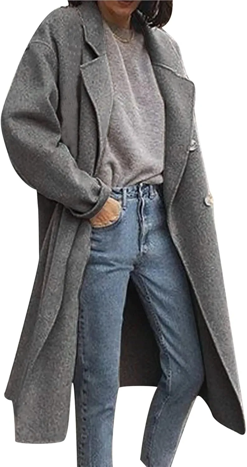 Winter Coats for Women Elegant Notched Collar Double Breasted Wool Coat Casual Trench Peacoat Warm Trench Coats