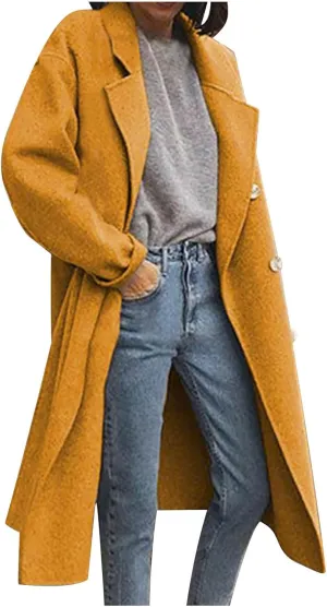 Winter Coats for Women Elegant Notched Collar Double Breasted Wool Coat Casual Trench Peacoat Warm Trench Coats