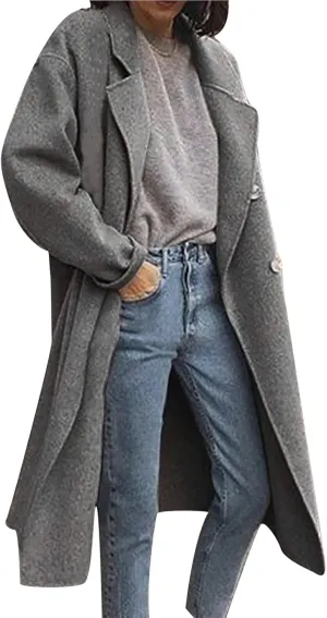 Winter Coats for Women Elegant Notched Collar Double Breasted Wool Coat Casual Trench Peacoat Warm Trench Coats