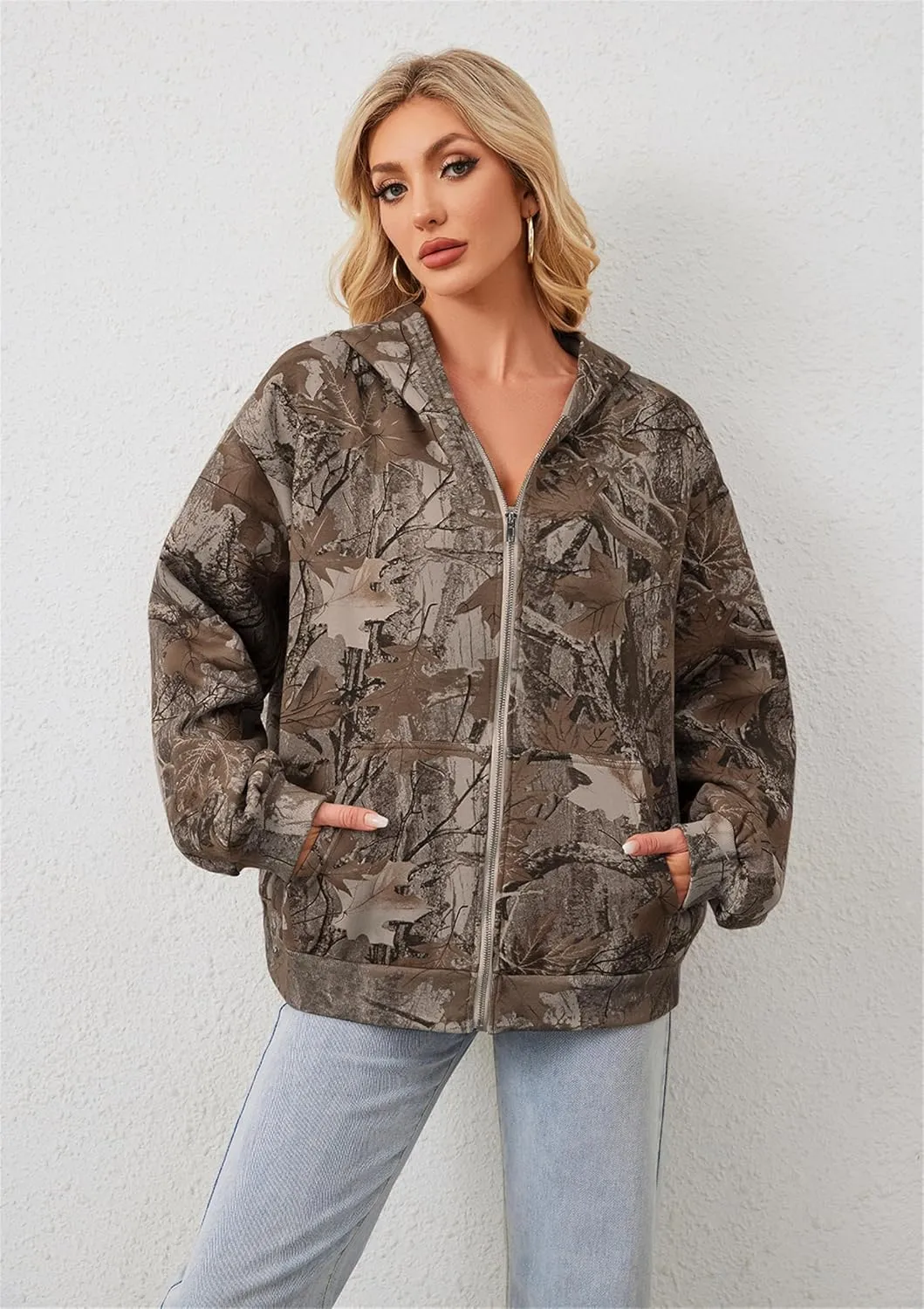Women Camo Zip Up Hoodies Oversized Hooded Sweatshirt Pullover Long Sleeve Fleece Sweater Fall Winter Outfits