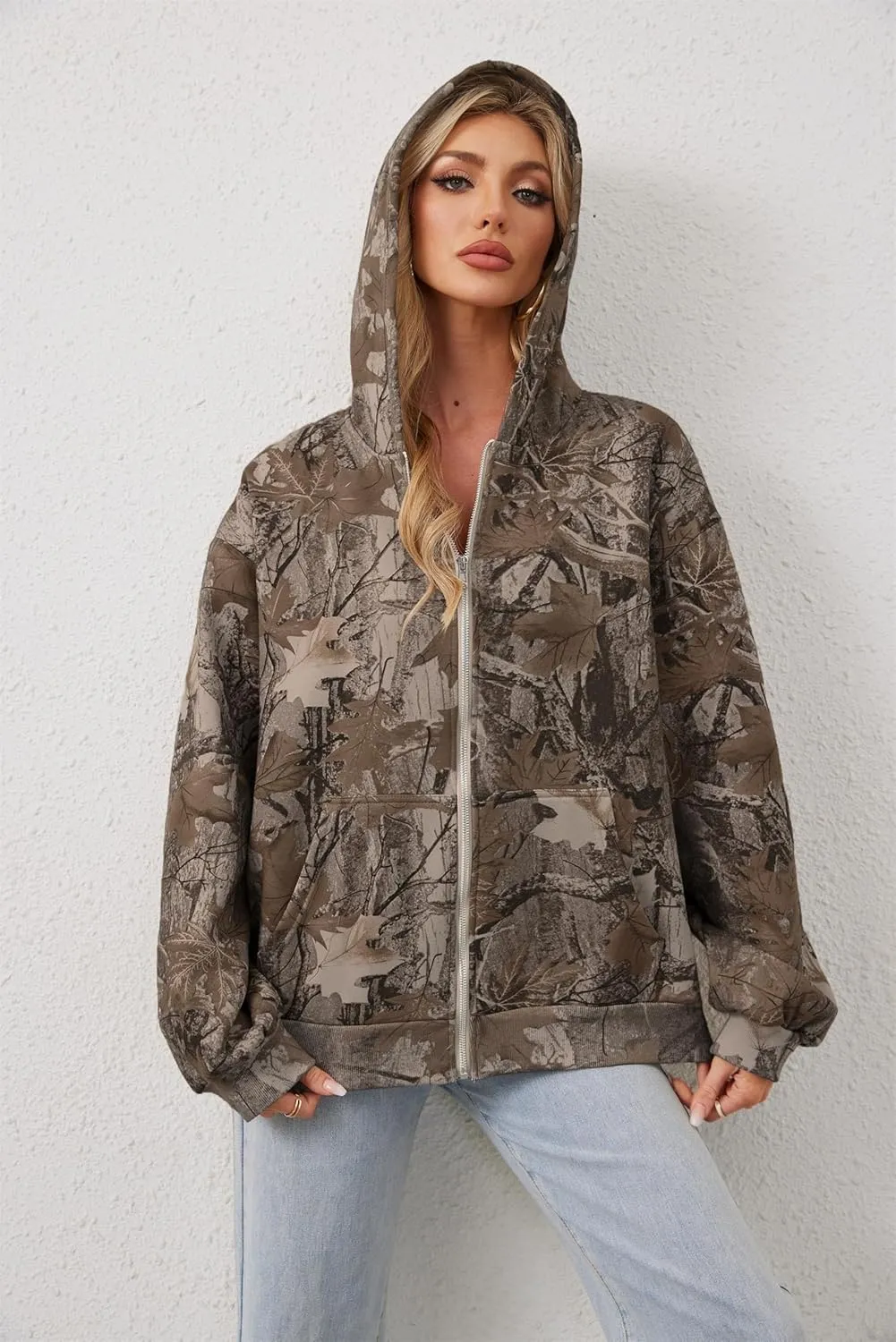 Women Camo Zip Up Hoodies Oversized Hooded Sweatshirt Pullover Long Sleeve Fleece Sweater Fall Winter Outfits