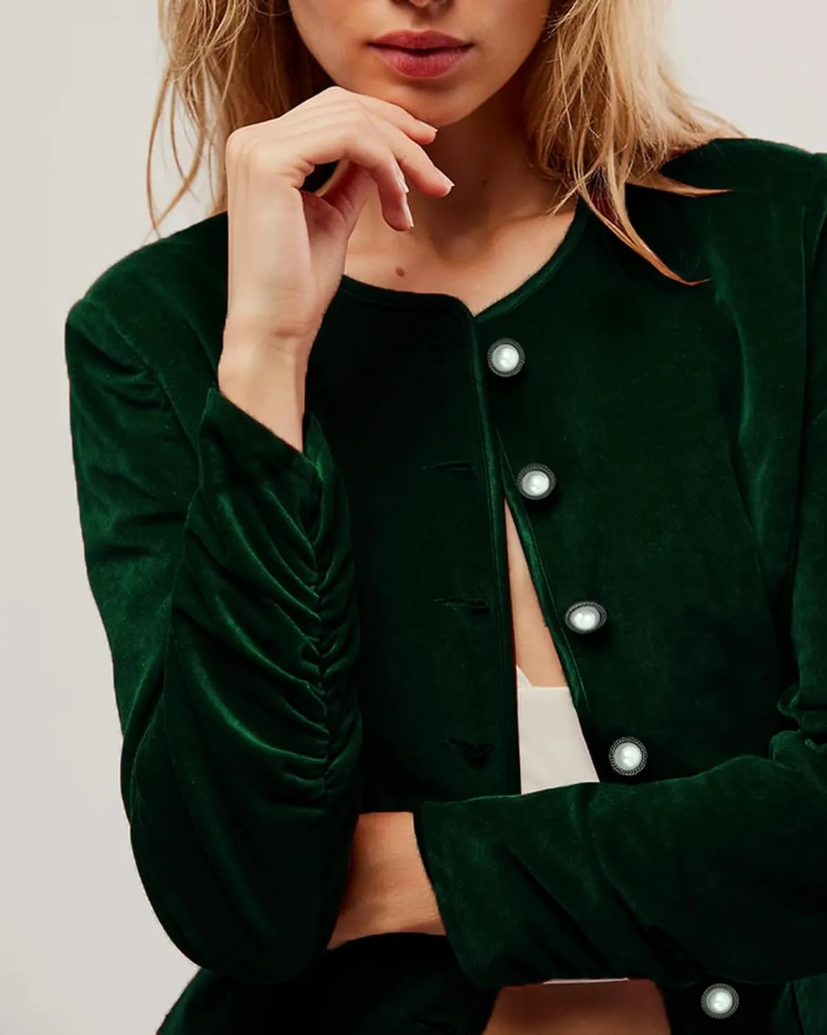 Women Crop Velvet Blazers Jacket Scoop Neck Button Up Velour Jackets Long Sleeve Velvet Coat