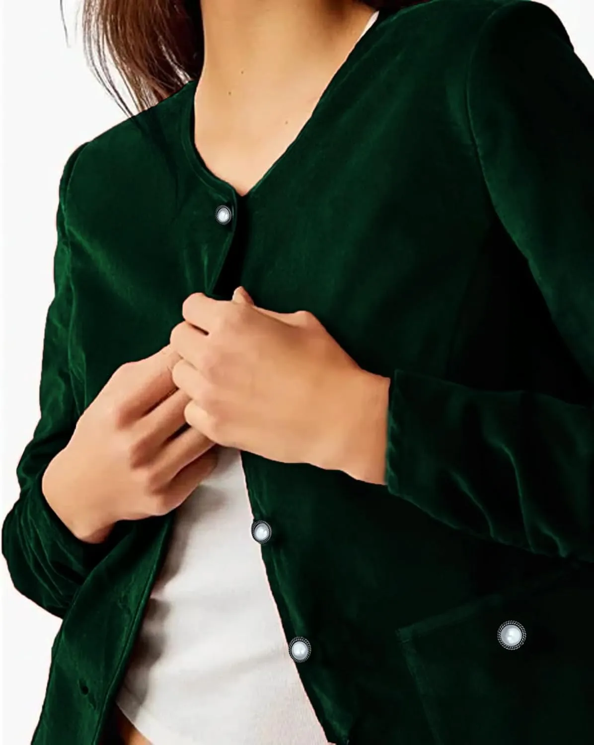 Women Crop Velvet Blazers Jacket Scoop Neck Button Up Velour Jackets Long Sleeve Velvet Coat