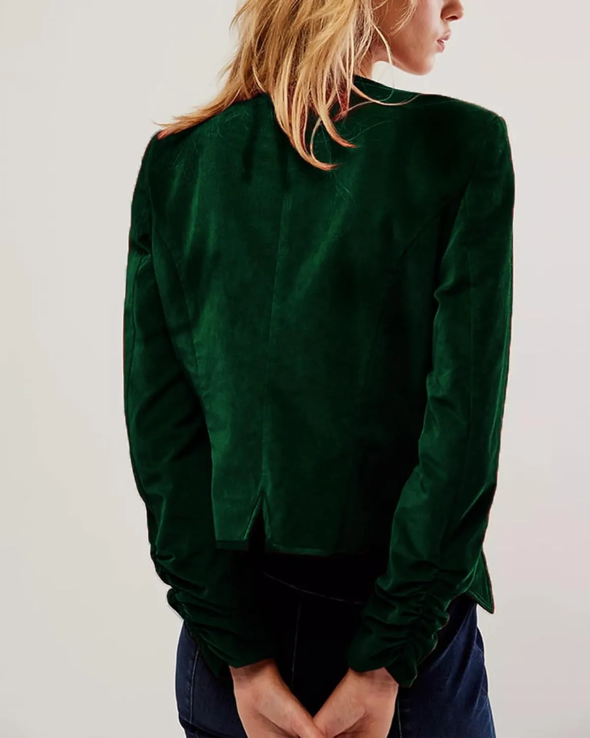 Women Crop Velvet Blazers Jacket Scoop Neck Button Up Velour Jackets Long Sleeve Velvet Coat