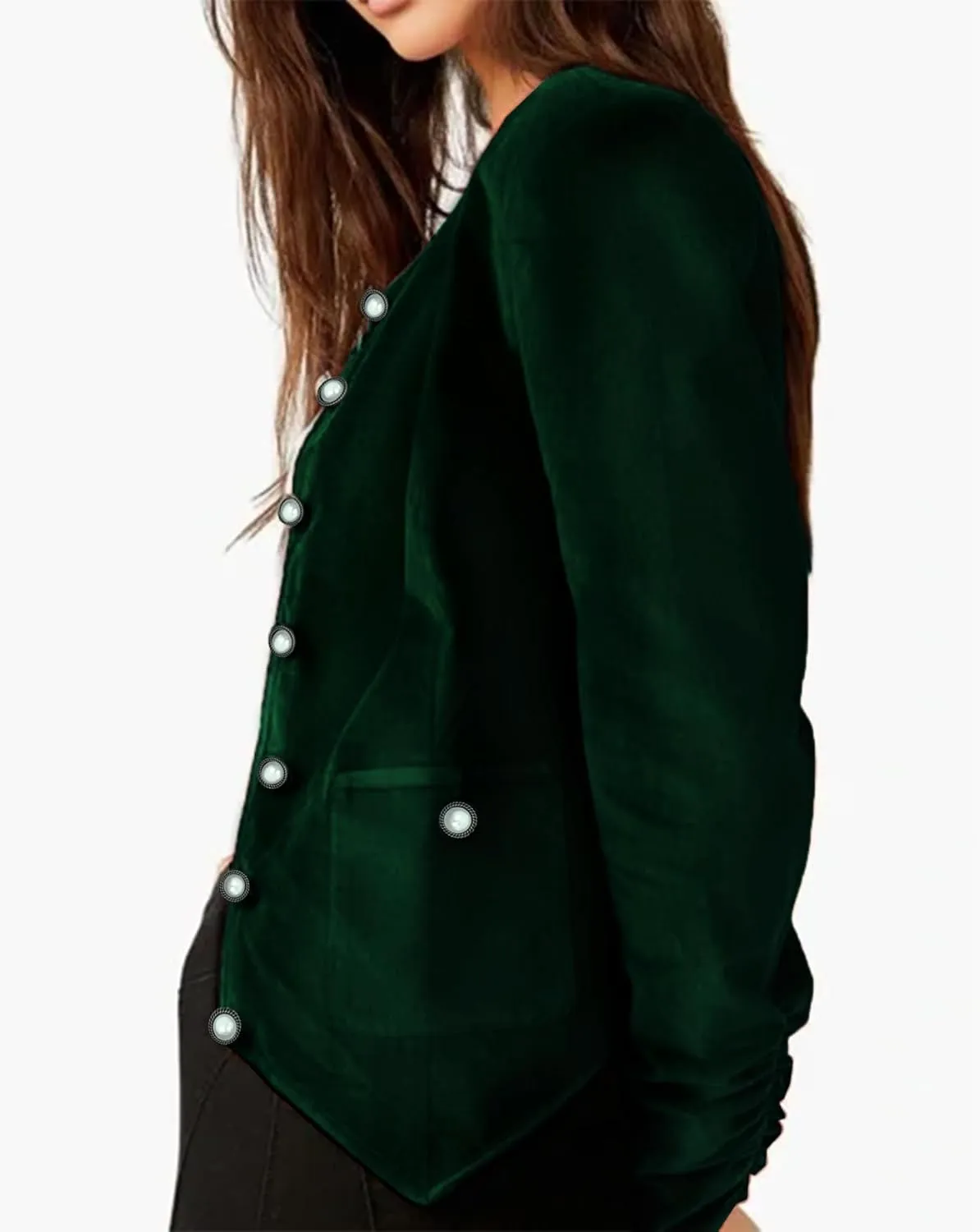 Women Crop Velvet Blazers Jacket Scoop Neck Button Up Velour Jackets Long Sleeve Velvet Coat