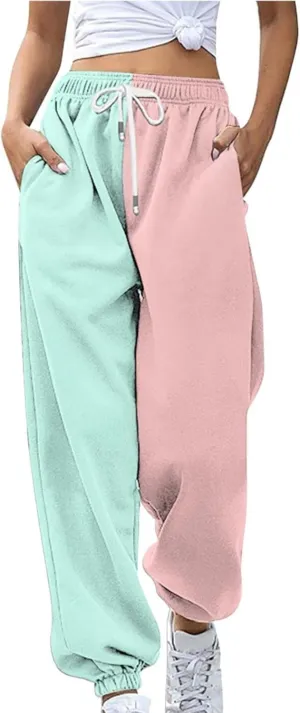Women Fashion Color Block Pants Trendy Tummy Control Cuffed Trouser Street Hip Hop Palazzo Athletic Casual Sweatpants