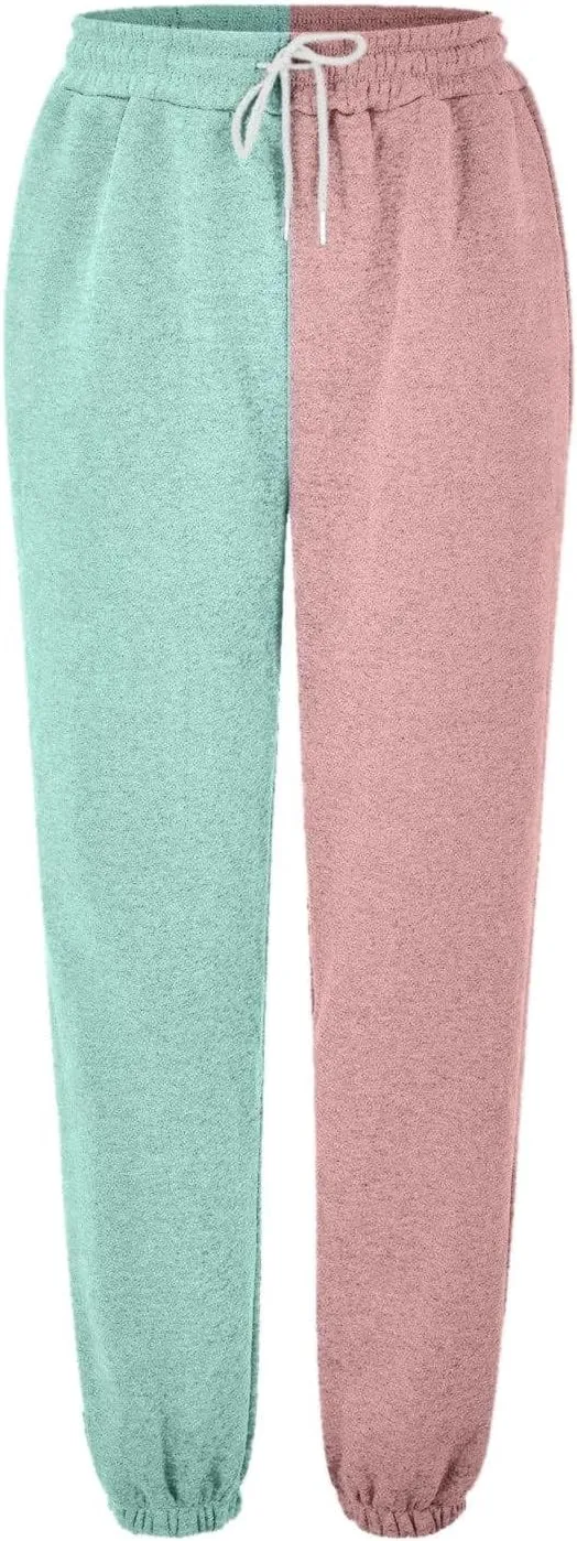 Women Fashion Color Block Pants Trendy Tummy Control Cuffed Trouser Street Hip Hop Palazzo Athletic Casual Sweatpants