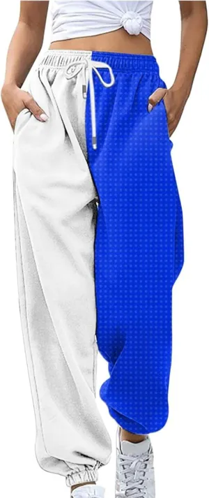 Women Fashion Color Block Pants Trendy Tummy Control Cuffed Trouser Street Hip Hop Palazzo Athletic Casual Sweatpants
