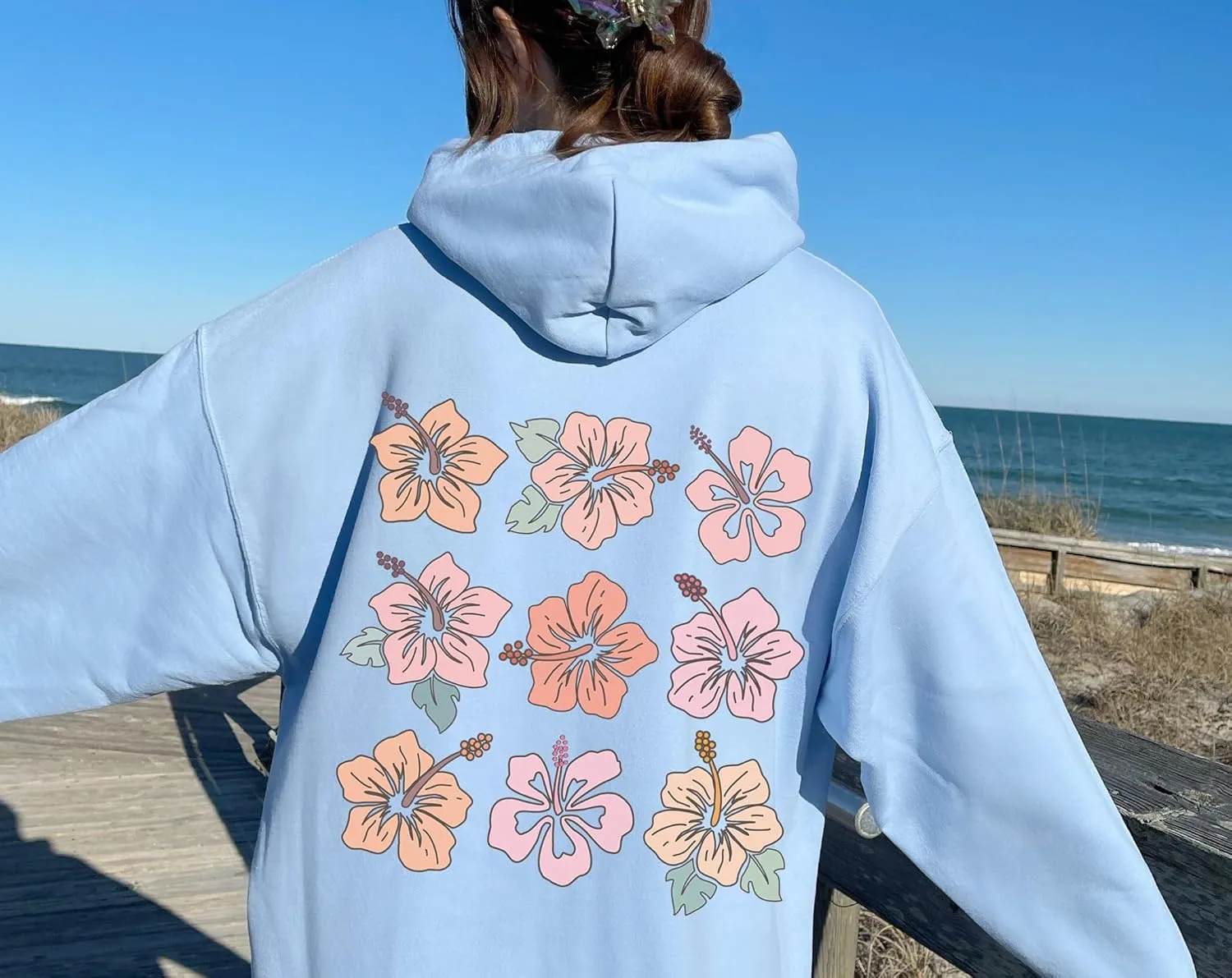 Women Floral Print Preppy Hoodies Y2k Long Sleeve Oversized Sweatshirt Aesthetic Flower Graphic Hooded Pullover Top