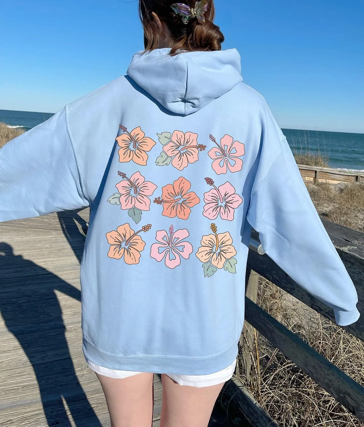 Women Floral Print Preppy Hoodies Y2k Long Sleeve Oversized Sweatshirt Aesthetic Flower Graphic Hooded Pullover Top
