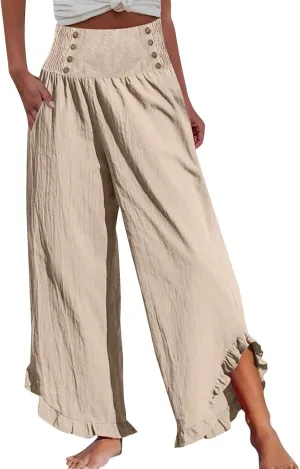 Women High Waisted Linen Palazzo Pants Trendy Pleated Smocked Waist Ruffle Hem Trousers Office Work Dress Casual Pant