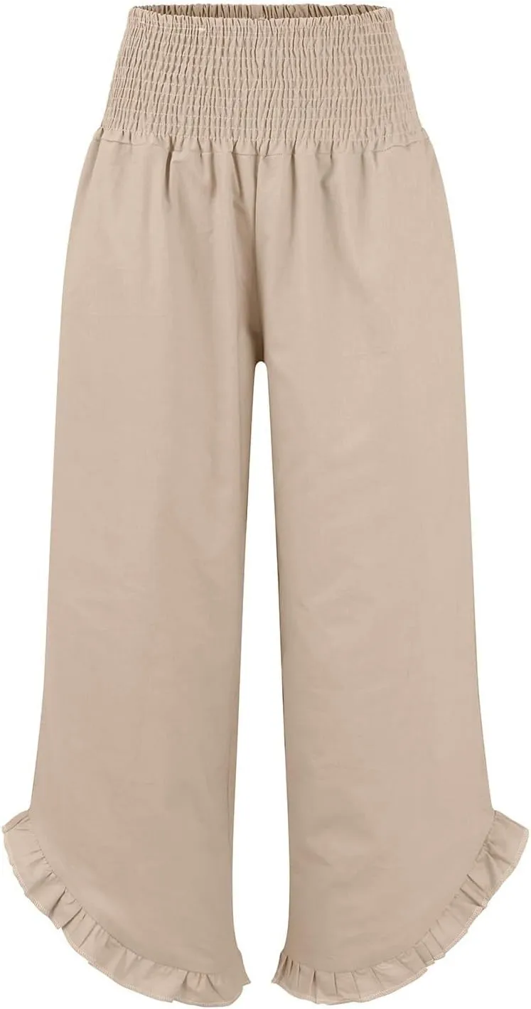 Women High Waisted Linen Palazzo Pants Trendy Pleated Smocked Waist Ruffle Hem Trousers Office Work Dress Casual Pant