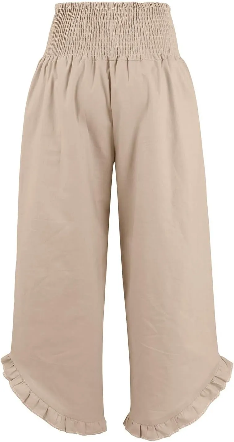 Women High Waisted Linen Palazzo Pants Trendy Pleated Smocked Waist Ruffle Hem Trousers Office Work Dress Casual Pant