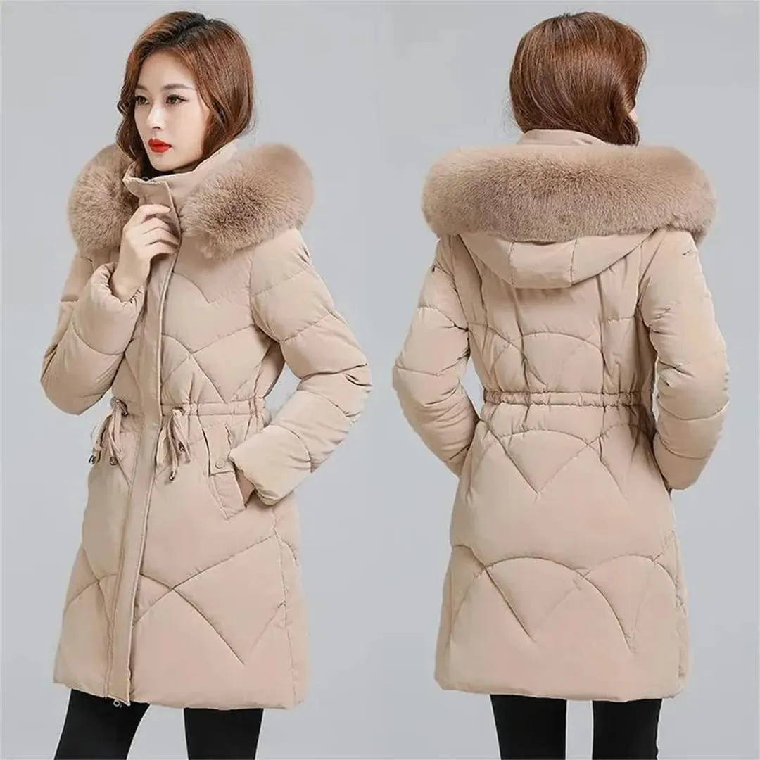 Women Long And High-End Trends In Winter Cotton-Padded Hooded Waist Slim Loose Warm Coat