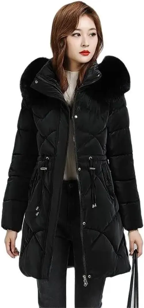Women Long And High-End Trends In Winter Cotton-Padded Hooded Waist Slim Loose Warm Coat