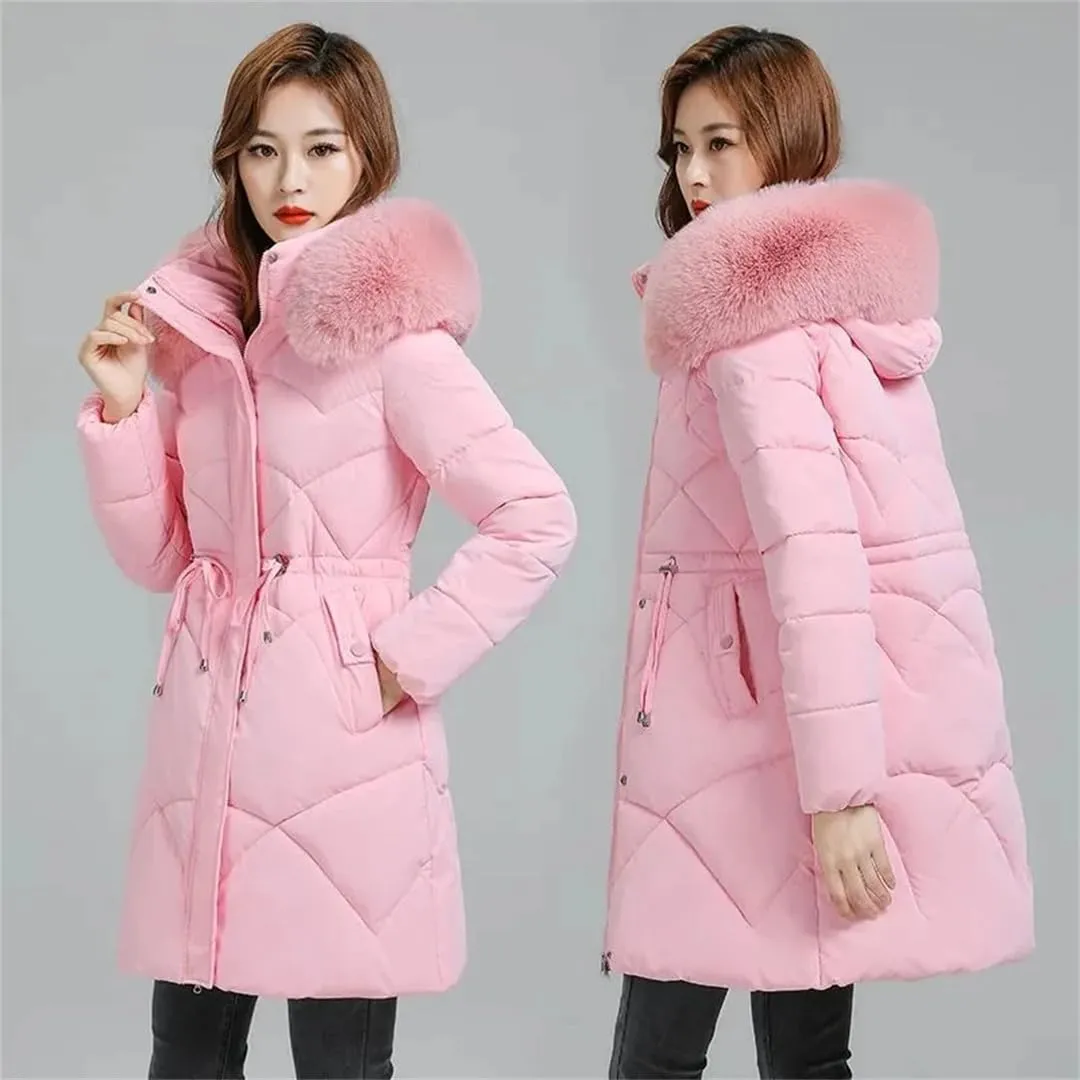 Women Long And High-End Trends In Winter Cotton-Padded Hooded Waist Slim Loose Warm Coat