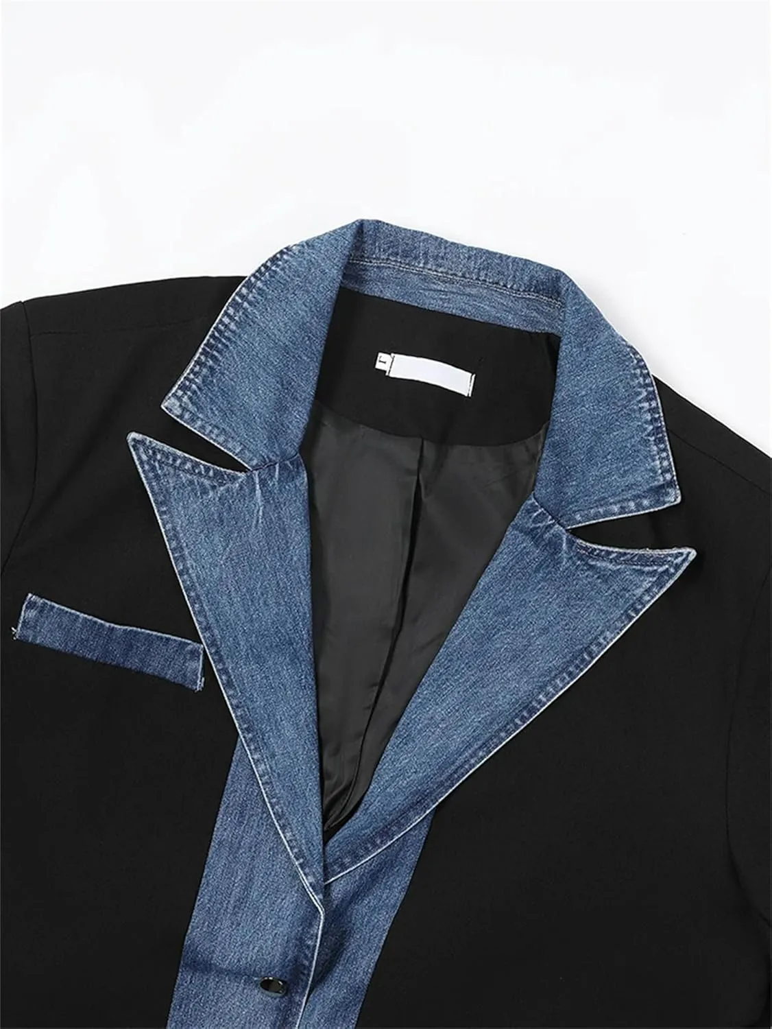 Women Oversize Denim Spliced Blazer Solid Lapel Long Sleeve Loose Fit Suit Jacket Business Casual Outfits