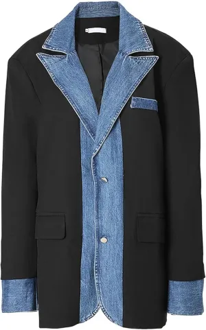 Women Oversize Denim Spliced Blazer Solid Lapel Long Sleeve Loose Fit Suit Jacket Business Casual Outfits