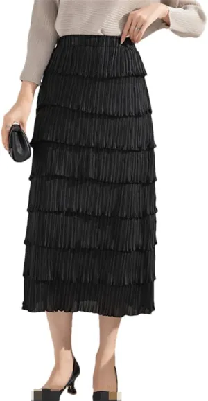 Women Pleated Midi Long Skirts A Line Black White Pink Layered Elegant Summer Skirt