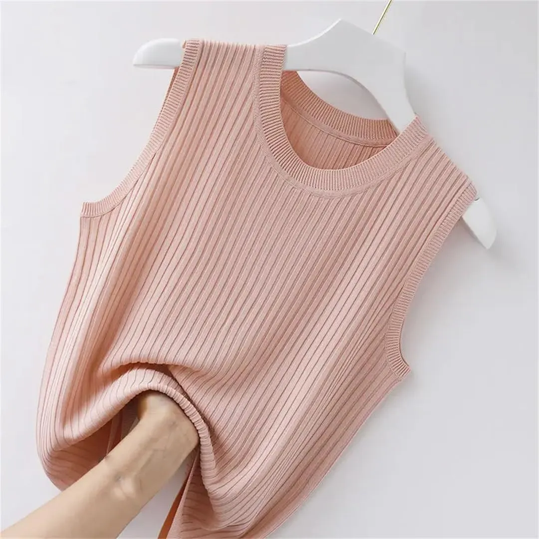 Women Solid Crop Camisole Knit Slim Sleeveless V-Neck Casual Tops