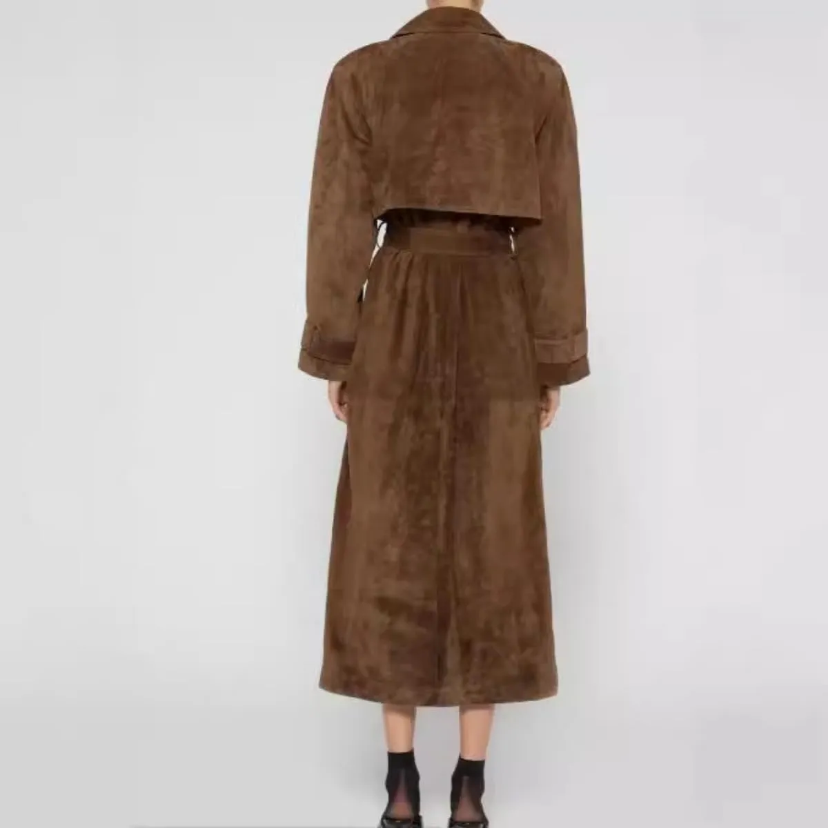 Women Suede Brown Coats Jackets Lapel Button Belted Outwear Vintage Elegance for Fall and Winter Long Walking Coat