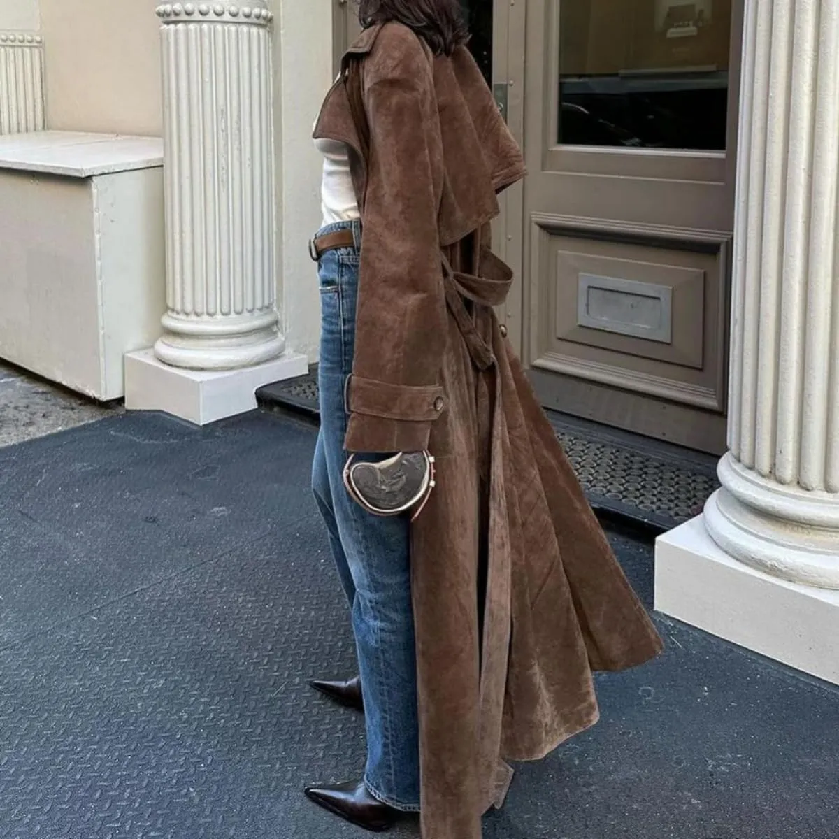 Women Suede Brown Coats Jackets Lapel Button Belted Outwear Vintage Elegance for Fall and Winter Long Walking Coat