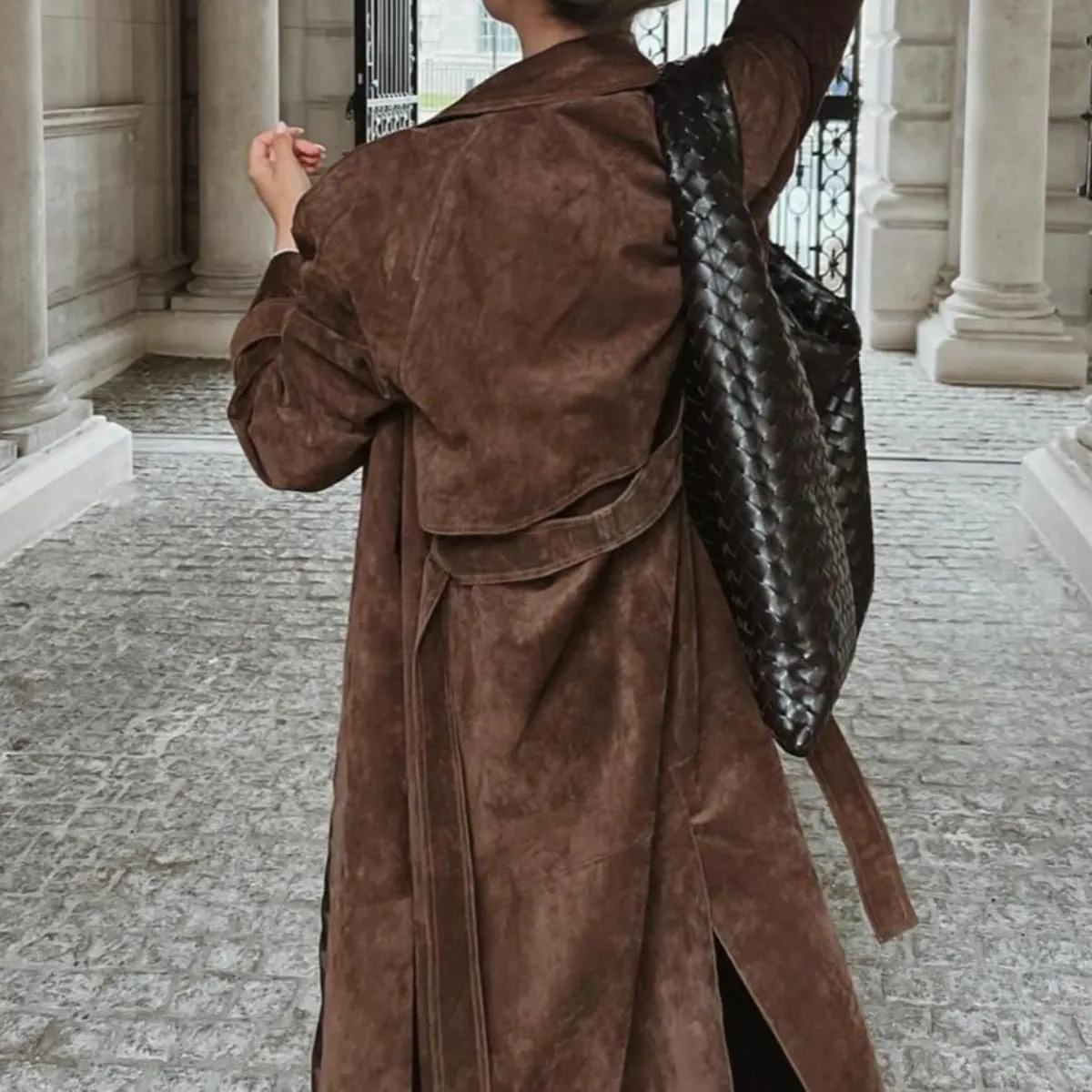 Women Suede Brown Coats Jackets Lapel Button Belted Outwear Vintage Elegance for Fall and Winter Long Walking Coat
