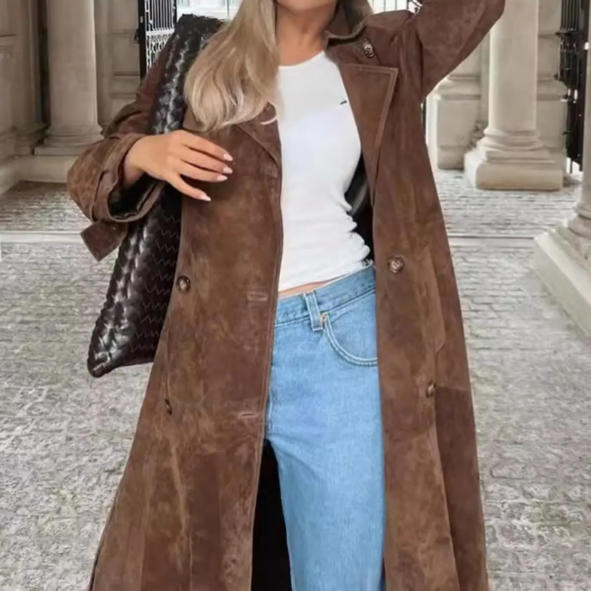 Women Suede Brown Coats Jackets Lapel Button Belted Outwear Vintage Elegance for Fall and Winter Long Walking Coat