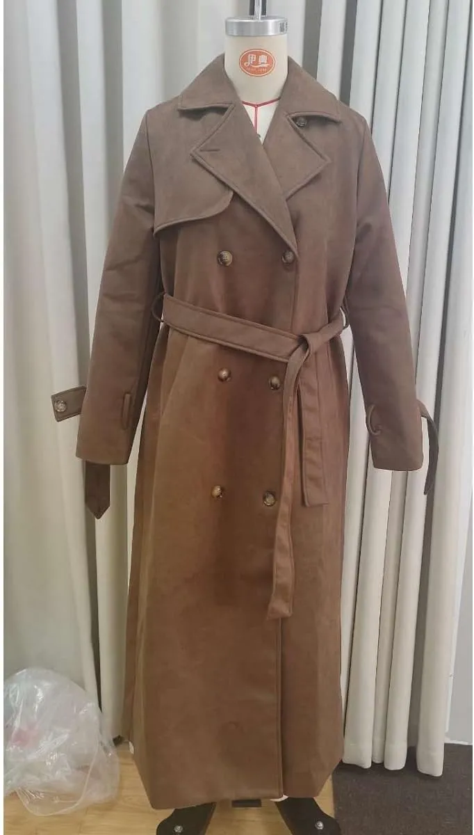 Women Suede Brown Coats Jackets Lapel Button Belted Outwear Vintage Elegance for Fall and Winter Long Walking Coat