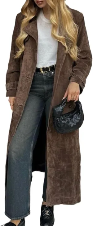 Women Suede Brown Coats Jackets Lapel Button Belted Outwear Vintage Elegance for Fall and Winter Long Walking Coat