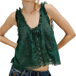 Women Tie Front Lace Trim Vest Tank Semi-Sheer Summer Going Out Tops Cute Sleeveless Blouse Y2k Cami Shirt