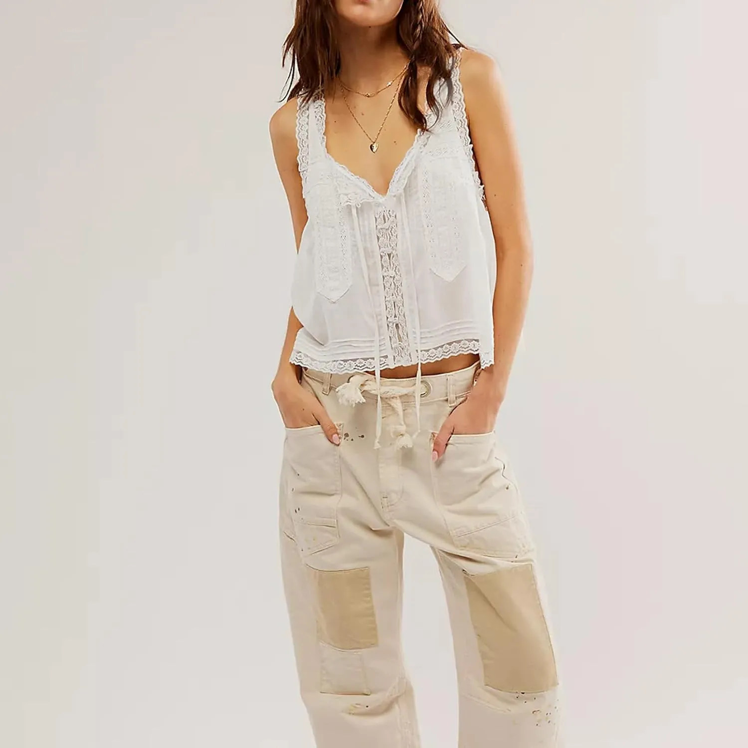 Women Tie Front Lace Trim Vest Tank Semi-Sheer Summer Going Out Tops Cute Sleeveless Blouse Y2k Cami Shirt