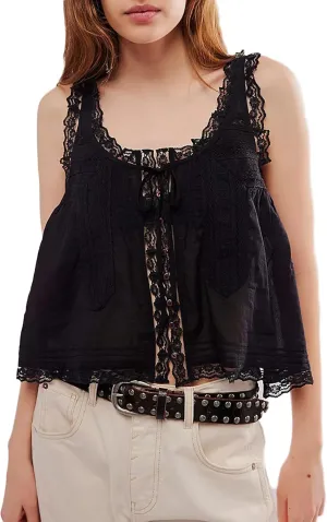 Women Tie Front Lace Trim Vest Tank Semi-Sheer Summer Going Out Tops Cute Sleeveless Blouse Y2k Cami Shirt