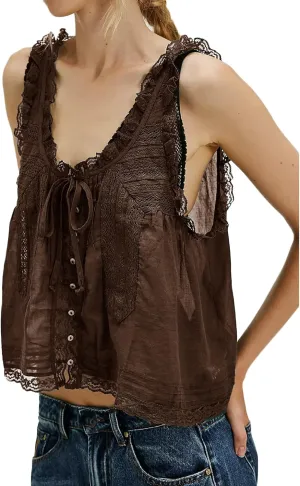 Women Tie Front Lace Trim Vest Tank Semi-Sheer Summer Going Out Tops Cute Sleeveless Blouse Y2k Cami Shirt