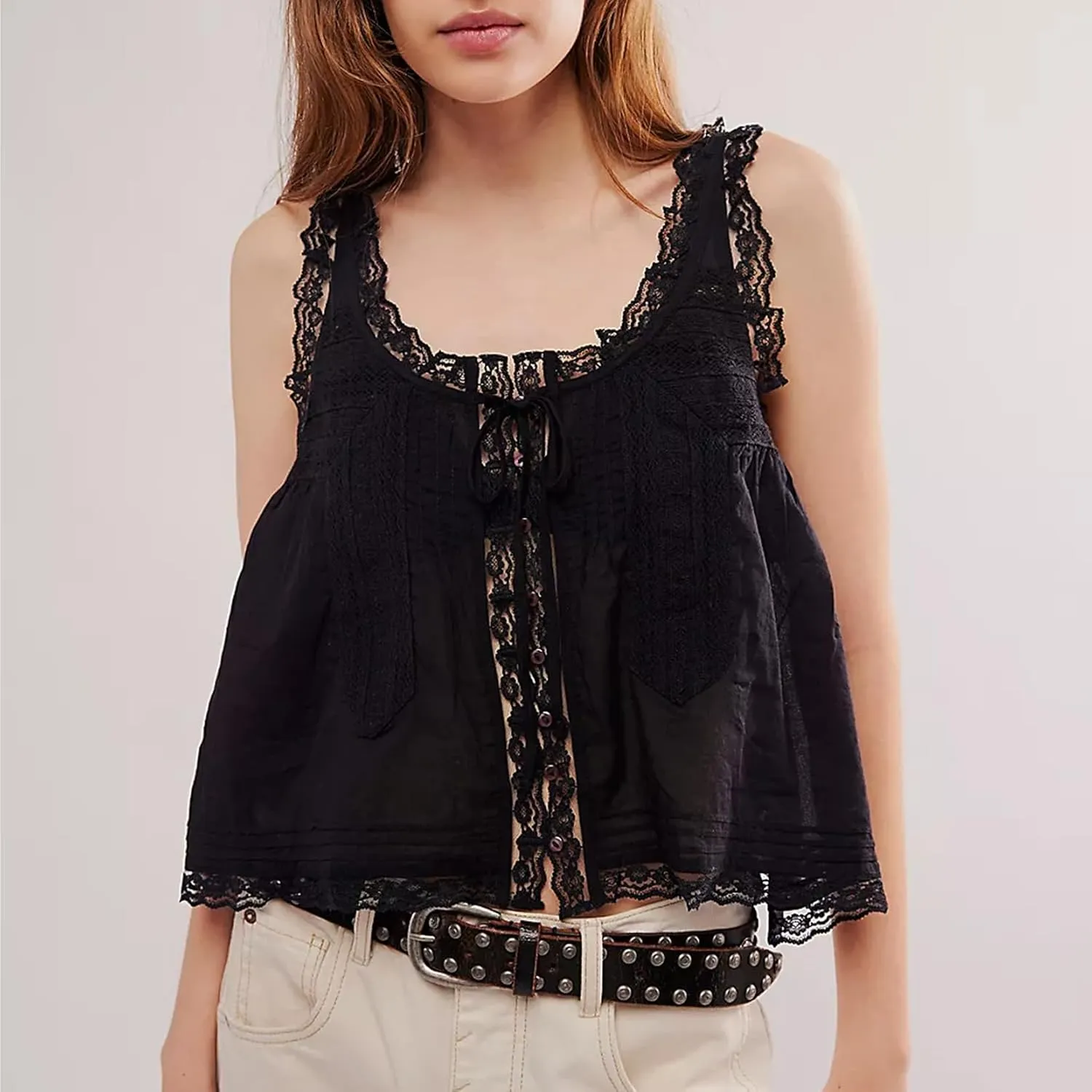 Women Tie Front Lace Trim Vest Tank Semi-Sheer Summer Going Out Tops Cute Sleeveless Blouse Y2k Cami Shirt