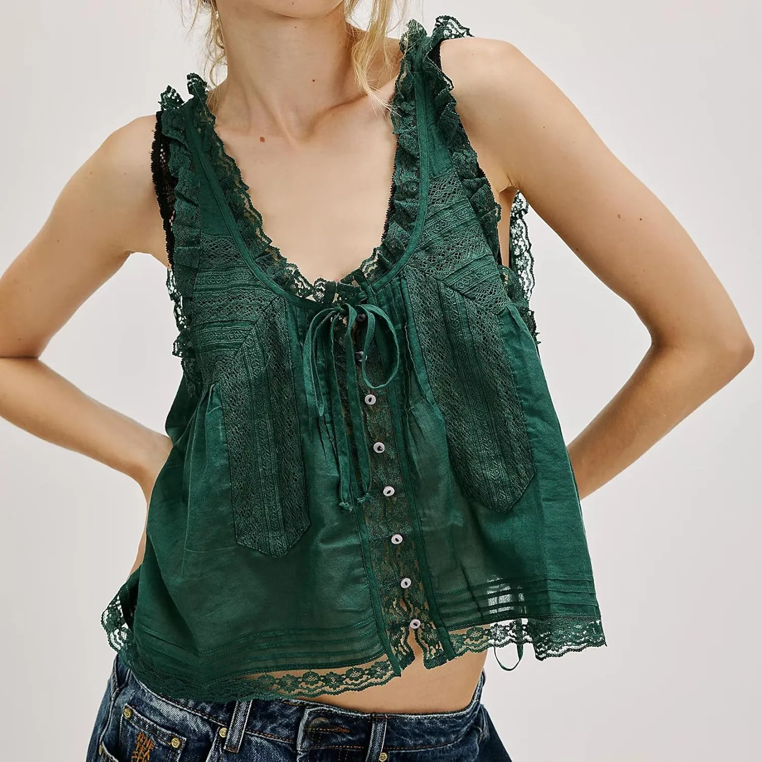 Women Tie Front Lace Trim Vest Tank Semi-Sheer Summer Going Out Tops Cute Sleeveless Blouse Y2k Cami Shirt