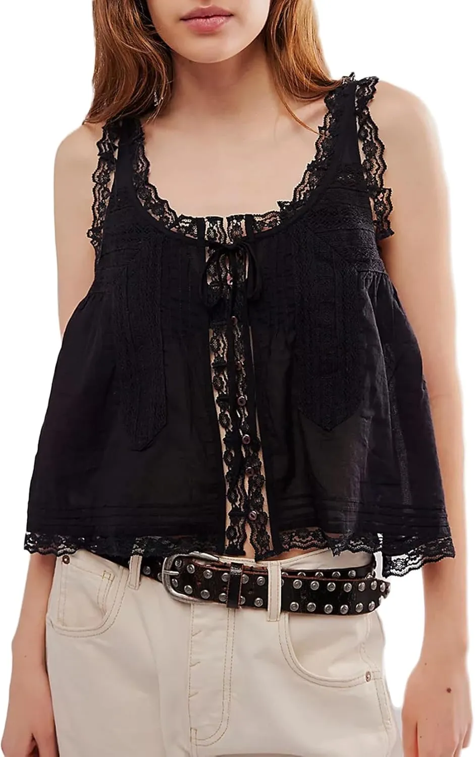 Women Tie Front Lace Trim Vest Tank Semi-Sheer Summer Going Out Tops Cute Sleeveless Blouse Y2k Cami Shirt