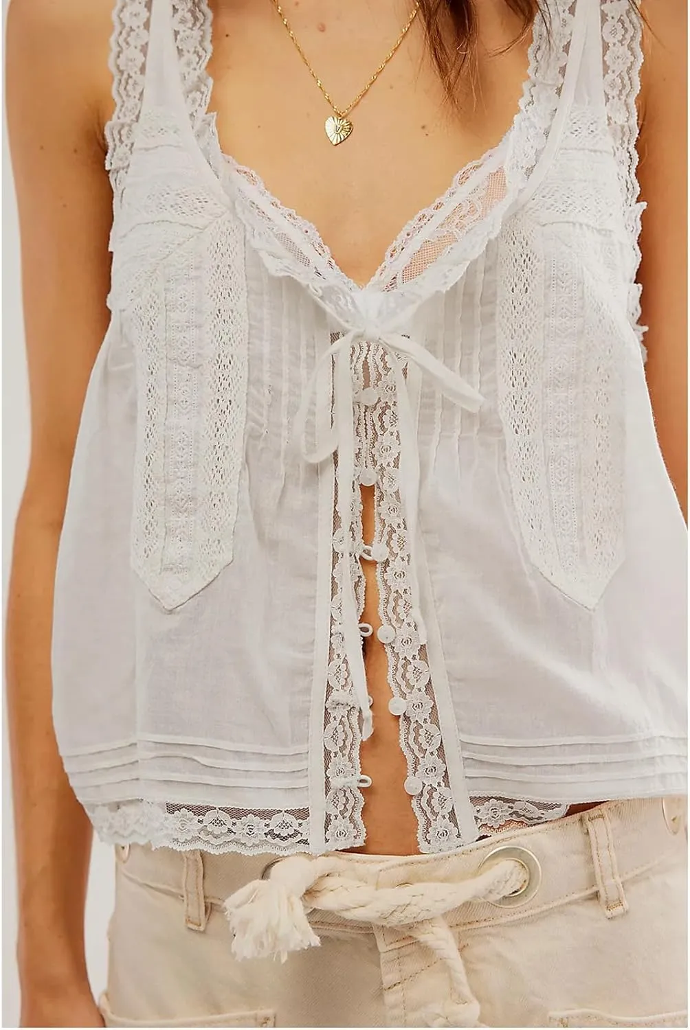 Women Tie Front Lace Trim Vest Tank Semi-Sheer Summer Going Out Tops Cute Sleeveless Blouse Y2k Cami Shirt