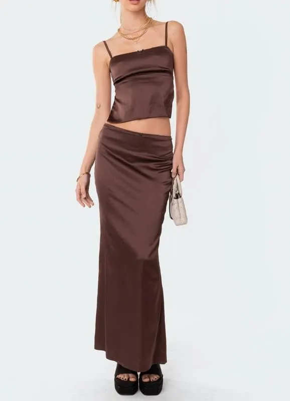 Women Y2K Ruffle 2 Piece Skirt Set Sleeveless Tube Crop Top Y2k Sexy Mesh See Through Cutout Maxi Skirt Clubwear