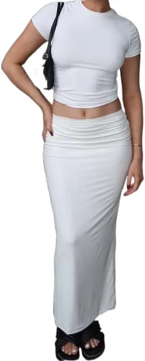 Women Y2K Ruffle 2 Piece Skirt Set Sleeveless Tube Crop Top Y2k Sexy Mesh See Through Cutout Maxi Skirt Clubwear