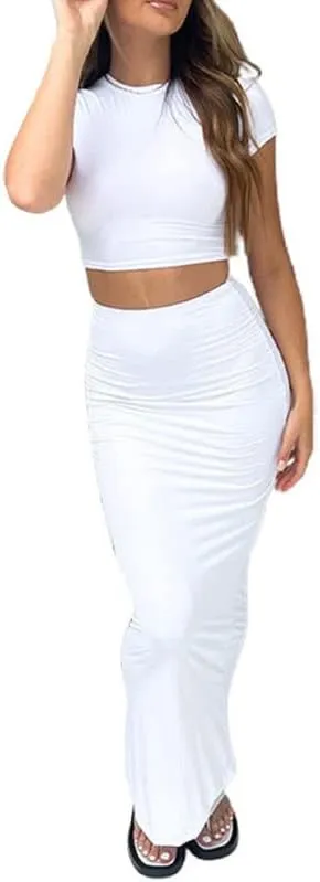Women Y2K Ruffle 2 Piece Skirt Set Sleeveless Tube Crop Top Y2k Sexy Mesh See Through Cutout Maxi Skirt Clubwear