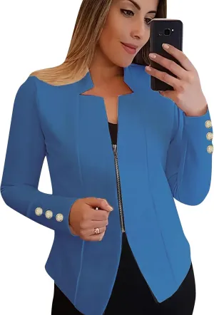 Women Zip Up Blazer Long Sleeve with Buttons Notch Lapel Suit Slim Fit Open Front Blazers