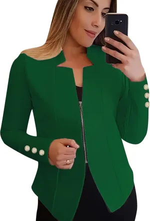 Women Zip Up Blazer Long Sleeve with Buttons Notch Lapel Suit Slim Fit Open Front Blazers