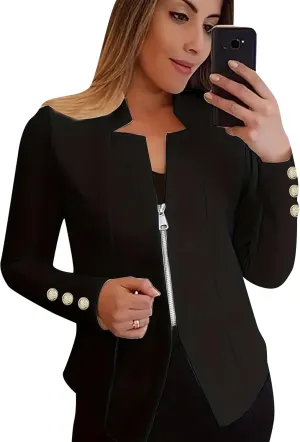 Women Zip Up Blazer Long Sleeve with Buttons Notch Lapel Suit Slim Fit Open Front Blazers