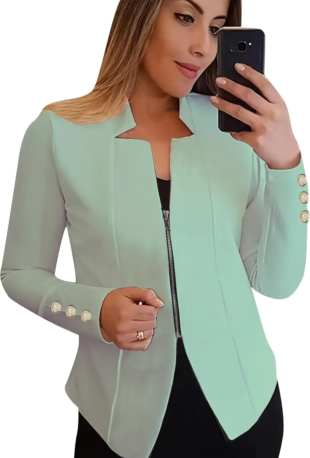 Women Zip Up Blazer Long Sleeve with Buttons Notch Lapel Suit Slim Fit Open Front Blazers