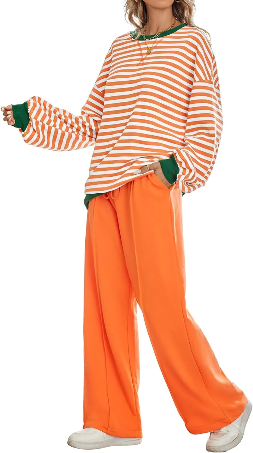 Women's 2 Piece Outfits Striped Color Block Oversized Sweatshirt Wide Leg Sweatpants Trendy Tracksuit Lounge Sets