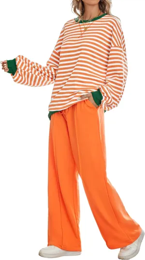 Women's 2 Piece Outfits Striped Color Block Oversized Sweatshirt Wide Leg Sweatpants Trendy Tracksuit Lounge Sets