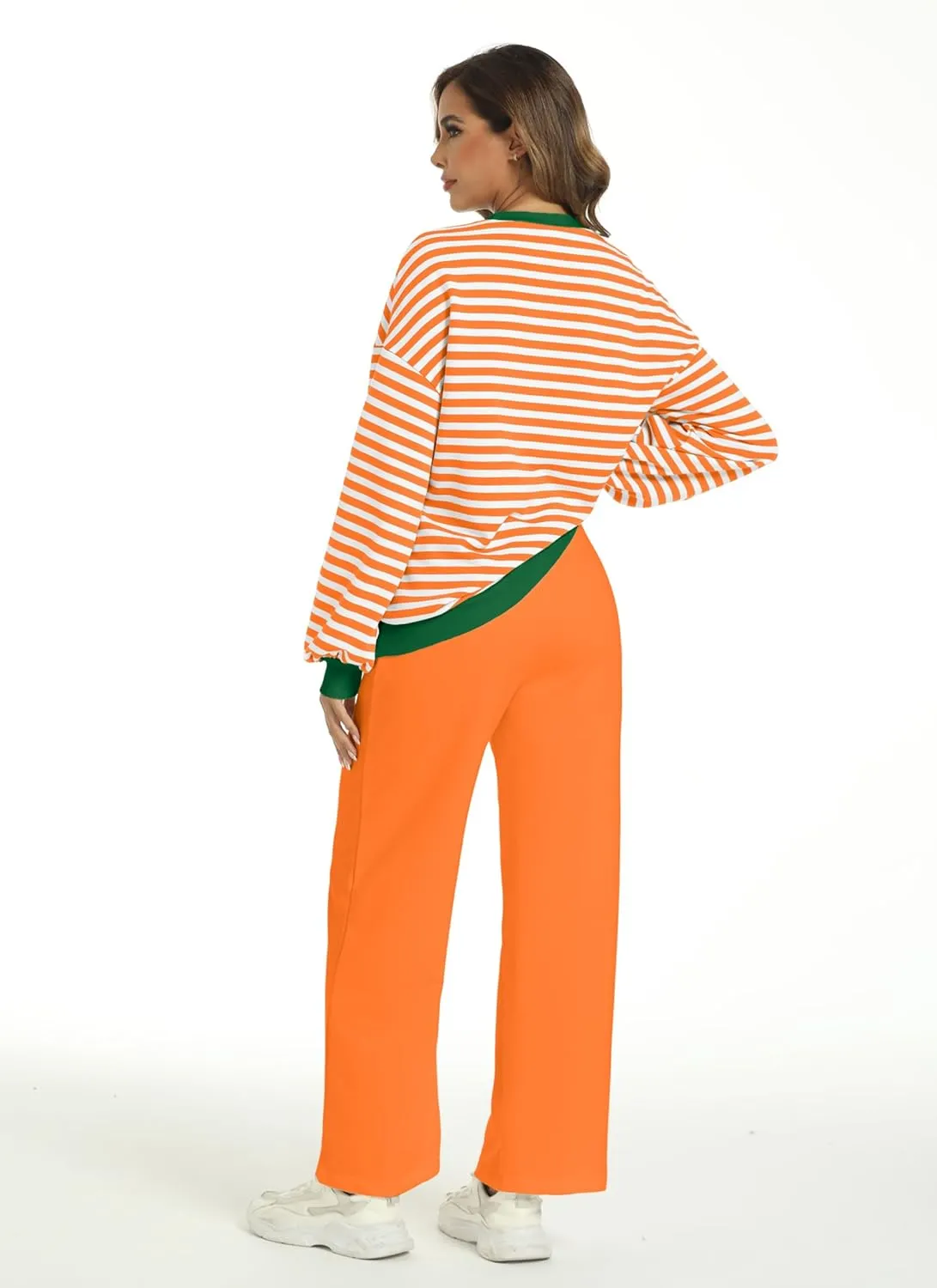 Women's 2 Piece Outfits Striped Color Block Oversized Sweatshirt Wide Leg Sweatpants Trendy Tracksuit Lounge Sets
