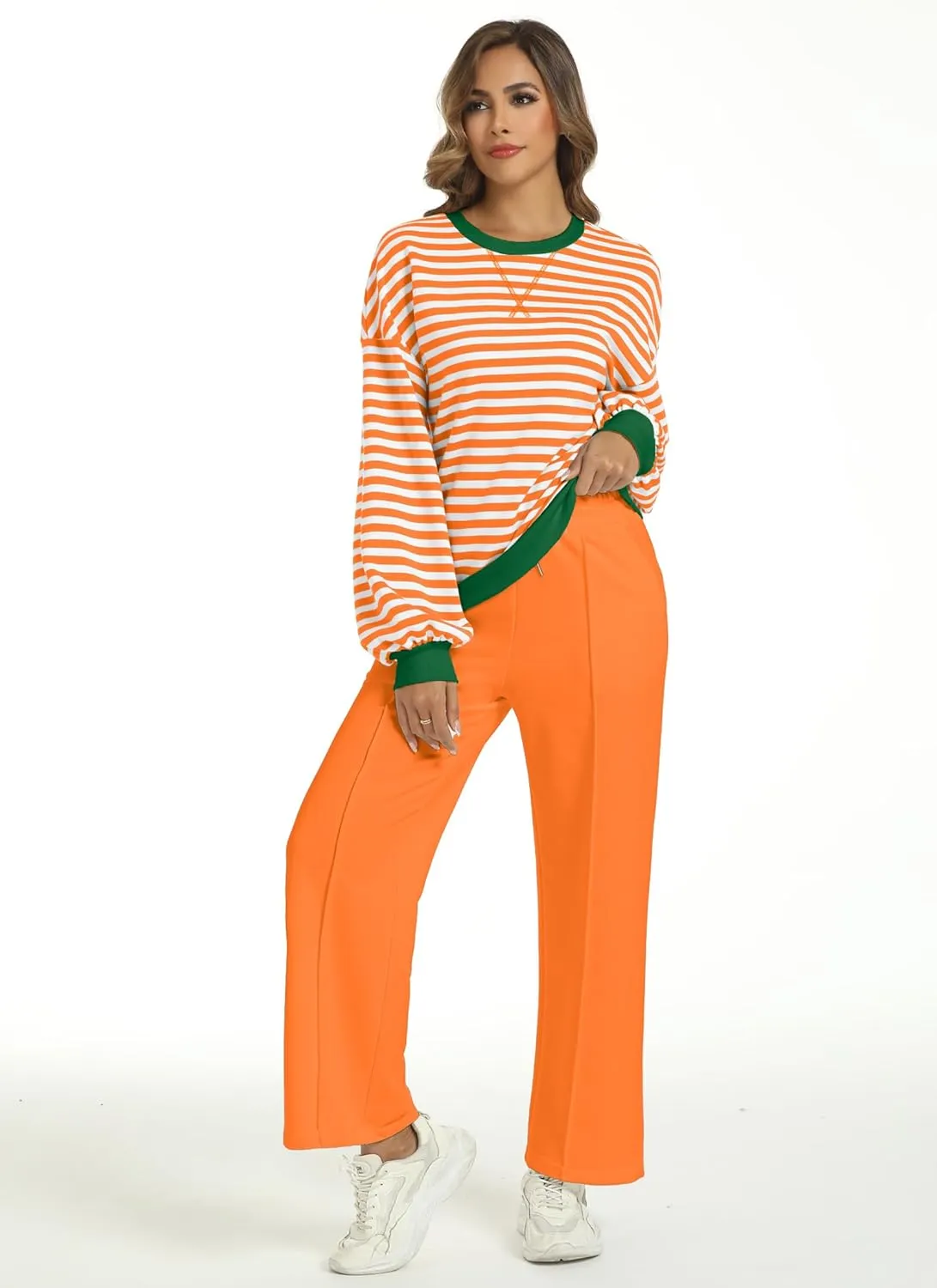Women's 2 Piece Outfits Striped Color Block Oversized Sweatshirt Wide Leg Sweatpants Trendy Tracksuit Lounge Sets