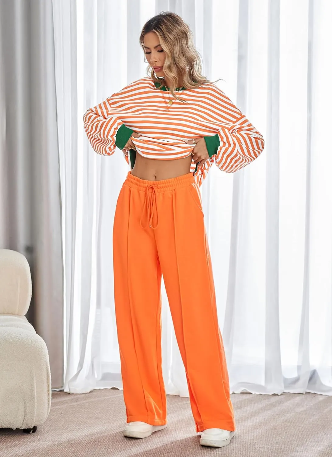 Women's 2 Piece Outfits Striped Color Block Oversized Sweatshirt Wide Leg Sweatpants Trendy Tracksuit Lounge Sets